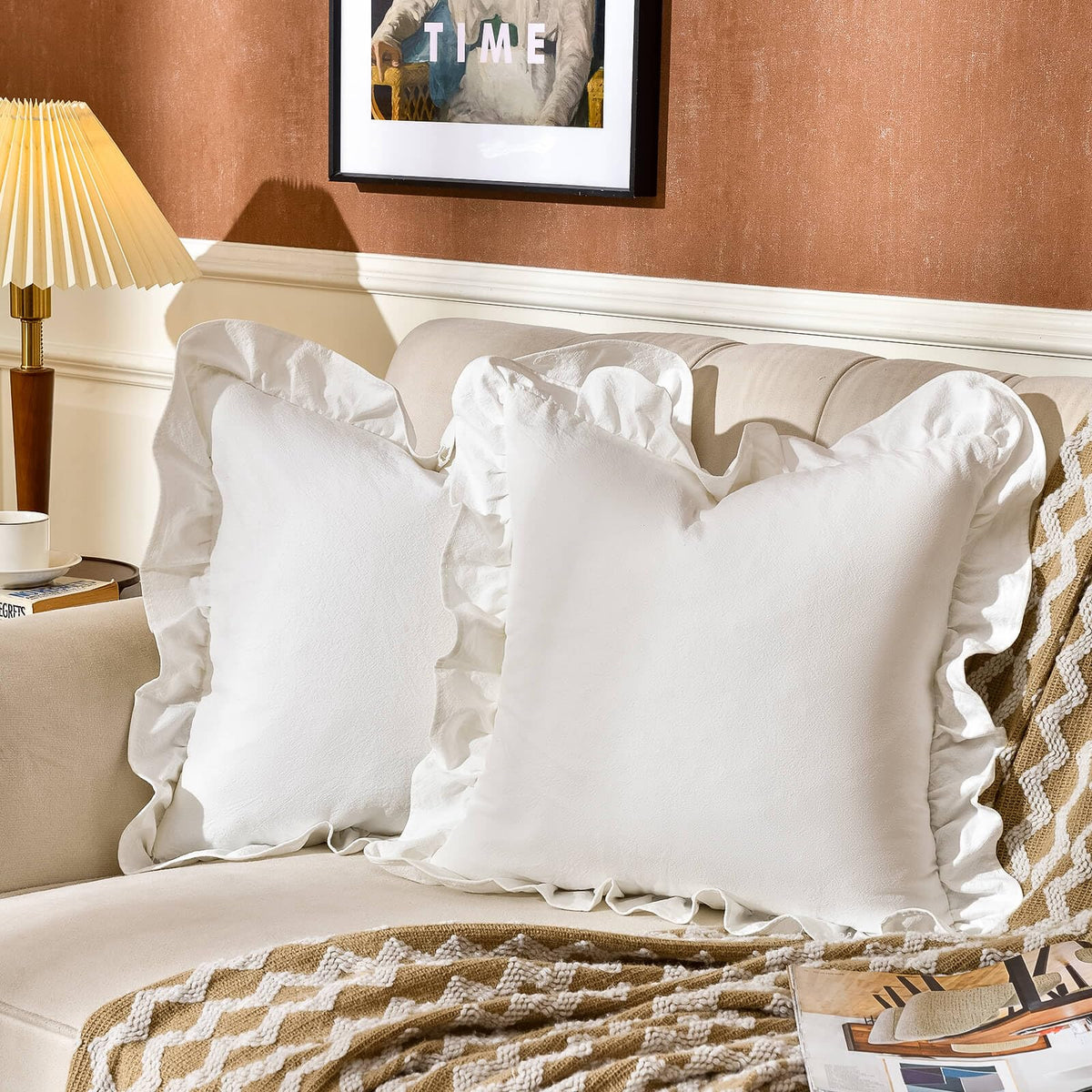 AmHoo 2-pack cream pillow covers with ruffle, front view for stylish decor.