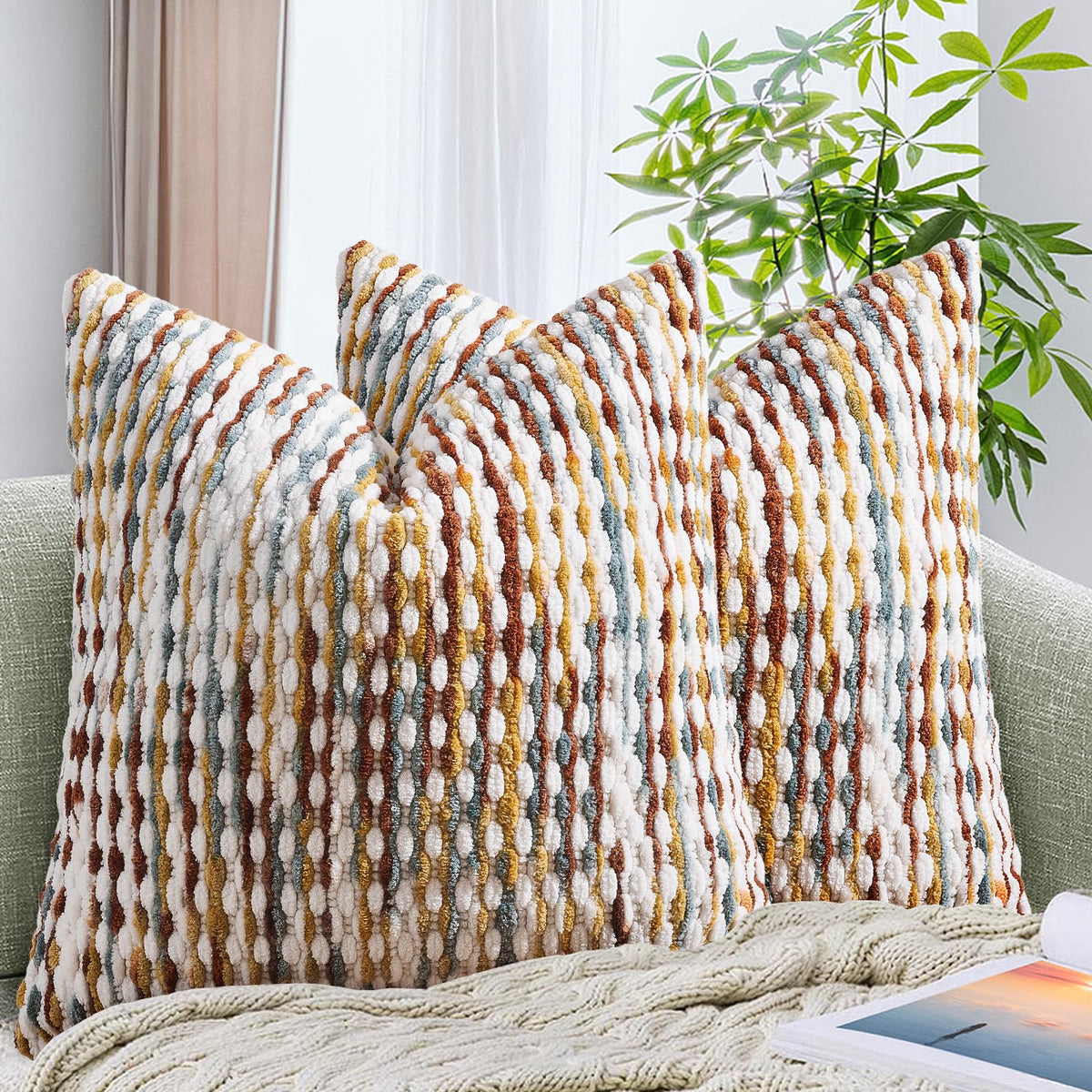 AmHoo boho chenille pillow cover with rainbow stripe adds vibrant living room color.