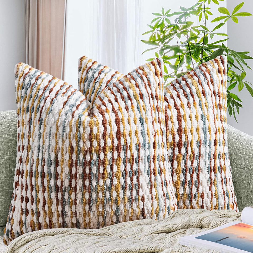AmHoo boho chenille pillow cover front view enhances cozy sofa charm.