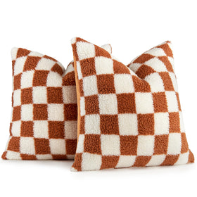 AmHoo checkerboard pillow cover front view in burnt orange for couch styling.