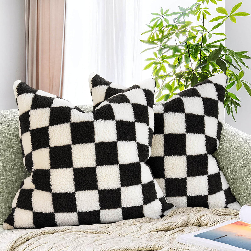 AmHoo checkerboard pillow cover front view with plush sherpa for cozy seating.