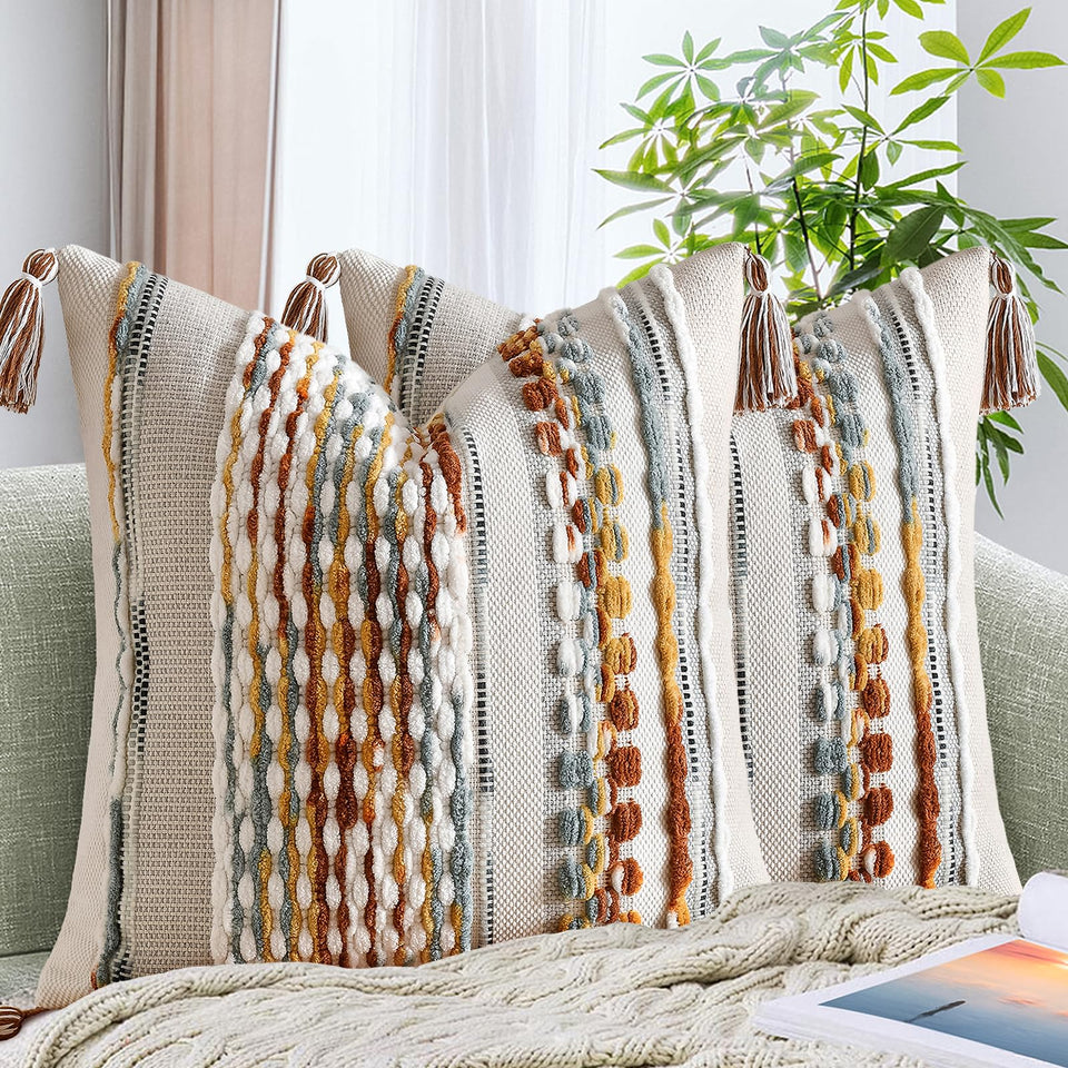 amhoo chenille striped textured boho pillow cover, soft feel for cozy couch decor