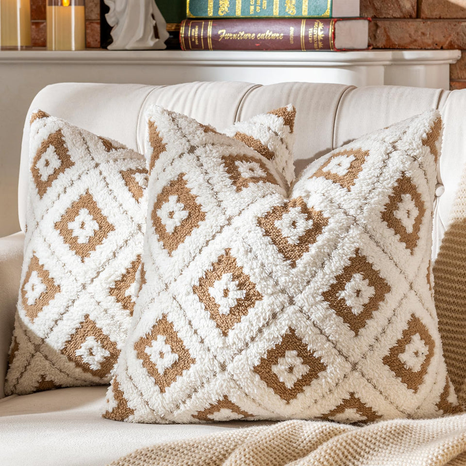 AmHoo rhomboid plush pillow cover in tawny brown for cozy living spaces.
