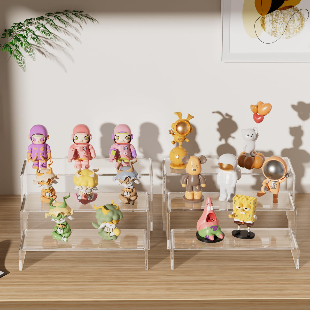 Aminigram clear acrylic material provides durable, crystal-clear display risers.