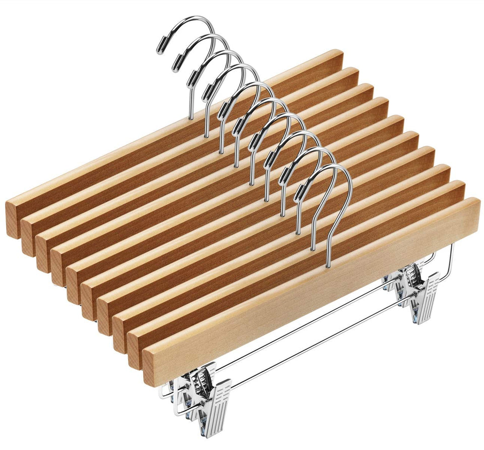 AMKUFO wooden pants hangers with 14-inch bars for organized closet storage.