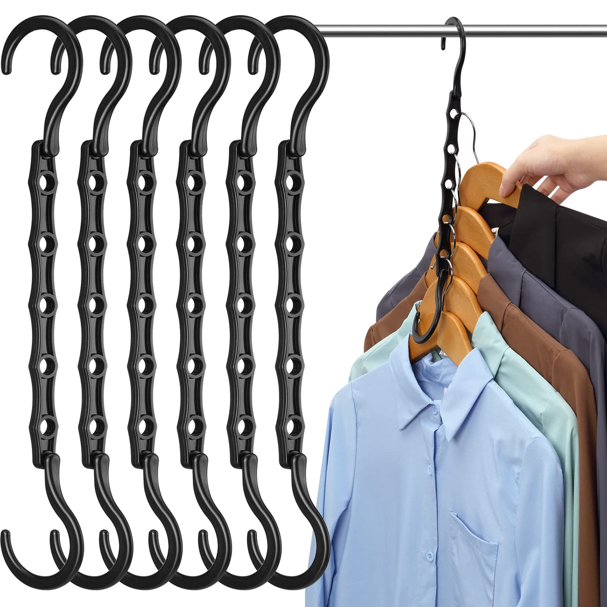 AMKUFO magic hanger in closet holding five clothes to save space
