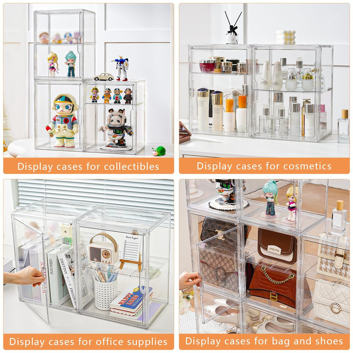 Amllas display case with three adjustable layers for varied items.