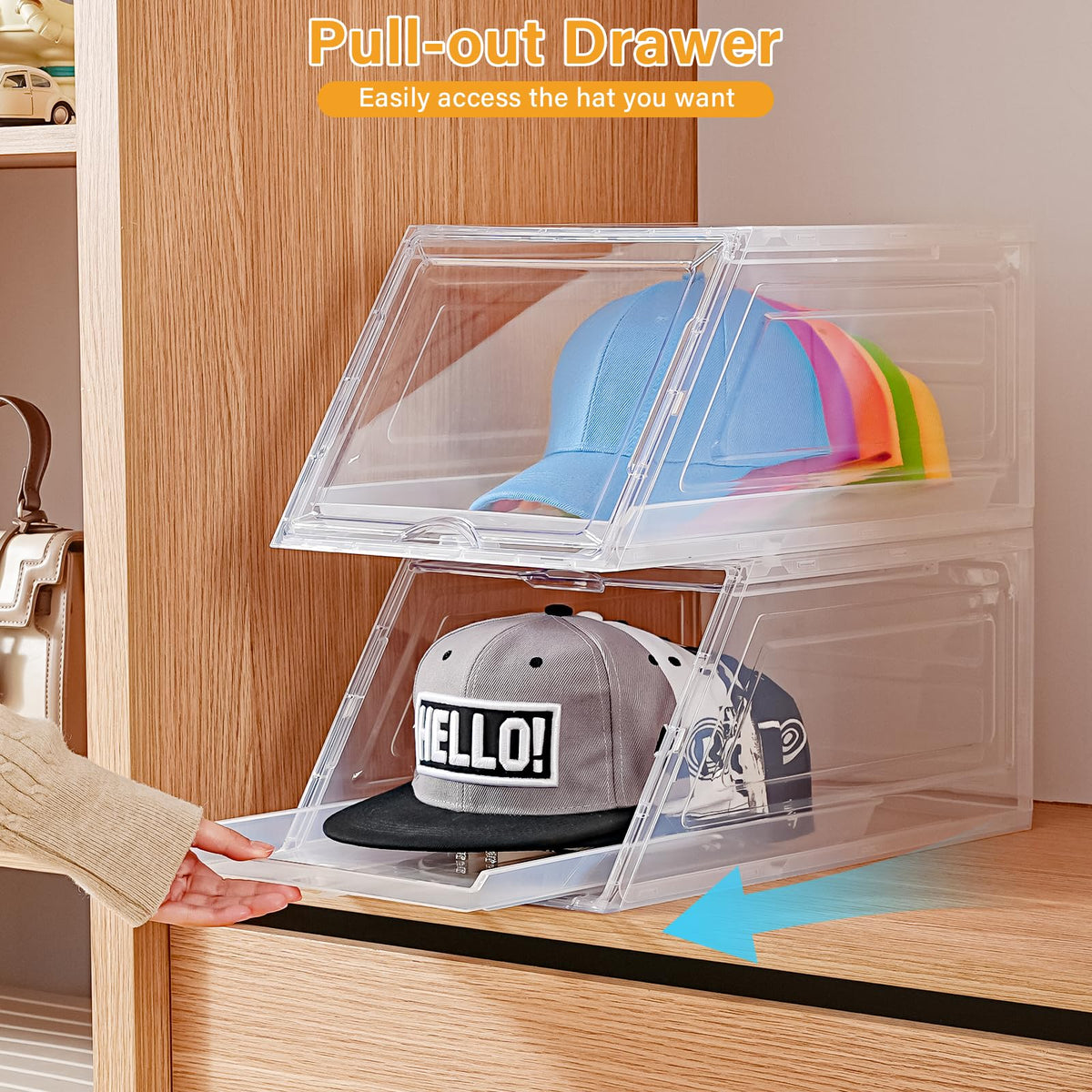 Amllas clear hat storage box with sliding drawer for easy access