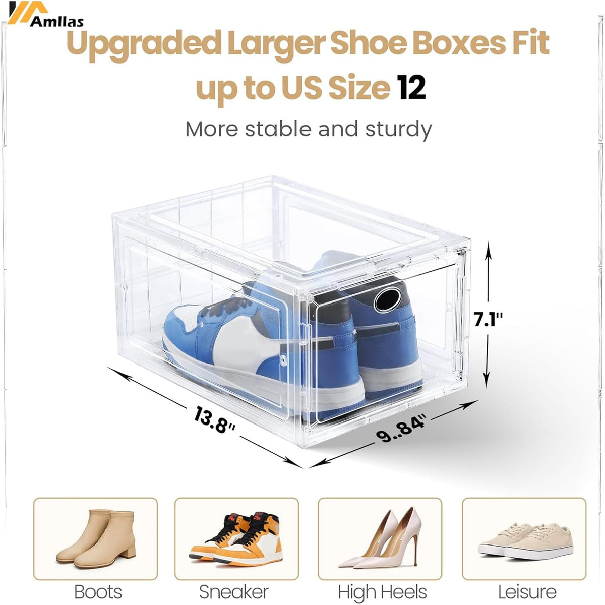 Amllas clear shoe box with magnetic door enables single-handed use