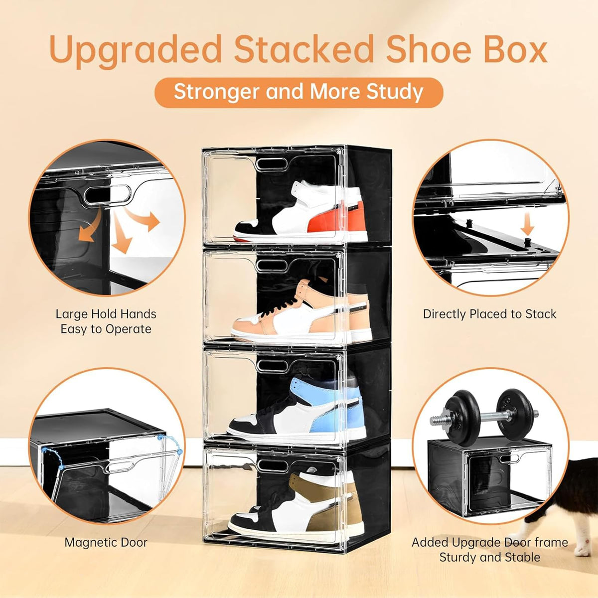 Amllas clear lids showcase shoes while protecting them.