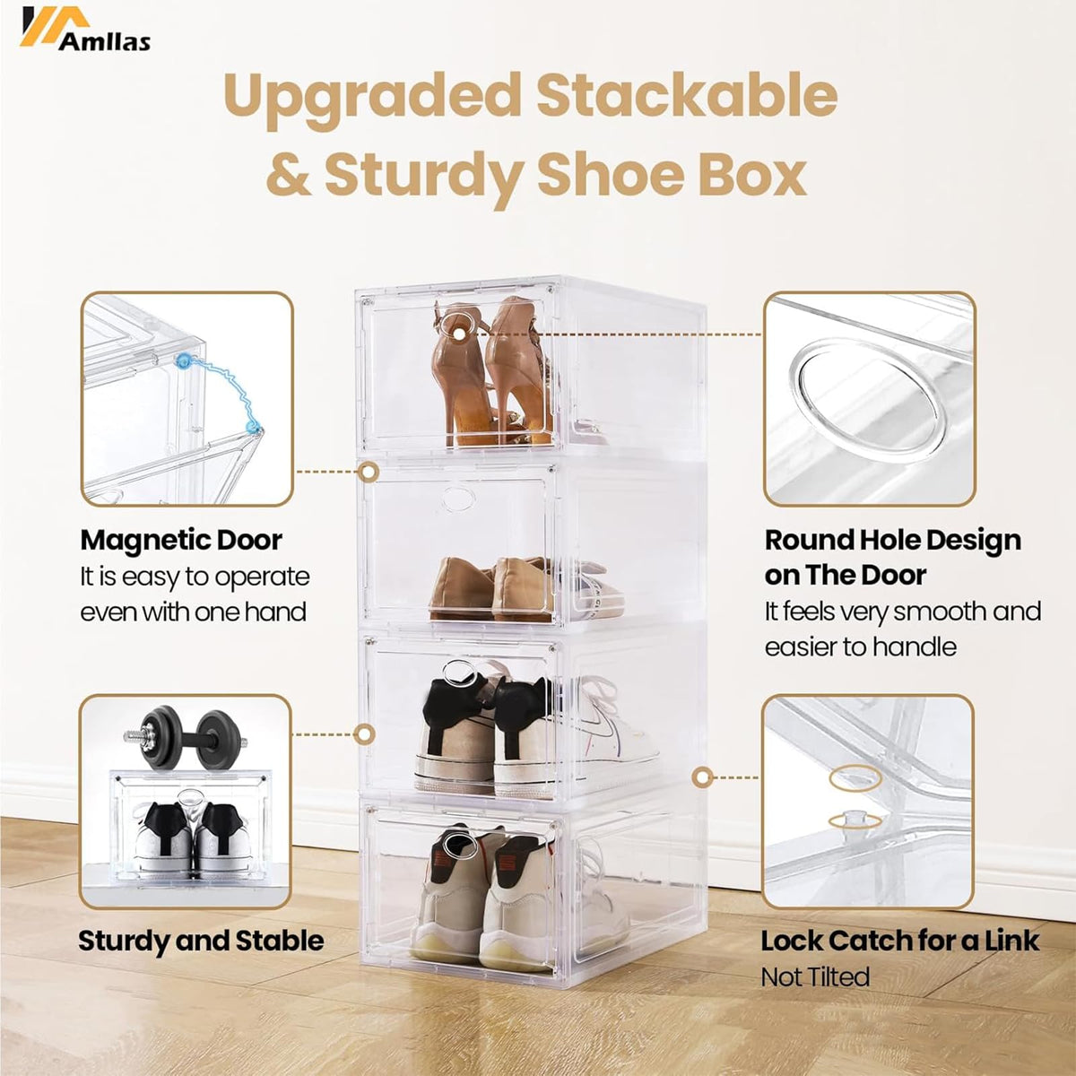 Amllas stackable shoe boxes with lock catches stay aligned and stable