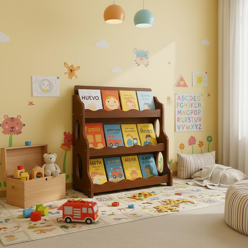 AMMEHOELA kids bookshelf in a cozy reading nook supporting little readers