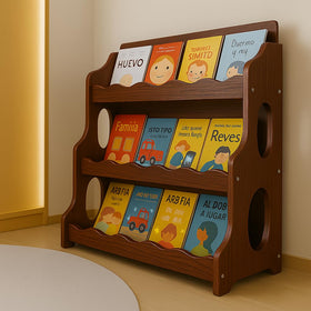 AMMEHOELA kids bookshelf with red walnut finish and 3-tier scalloped design for easy access