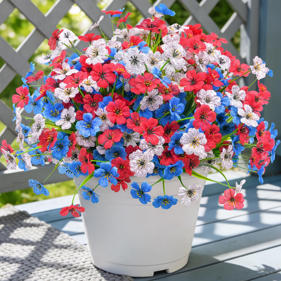 Ammyoo 16pcs artificial flowers in blue for outdoor porch decor with long-lasting color.