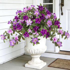 Ammyoo artificial azalea close-up showing vibrant color and lifelike texture for outdoor displays.