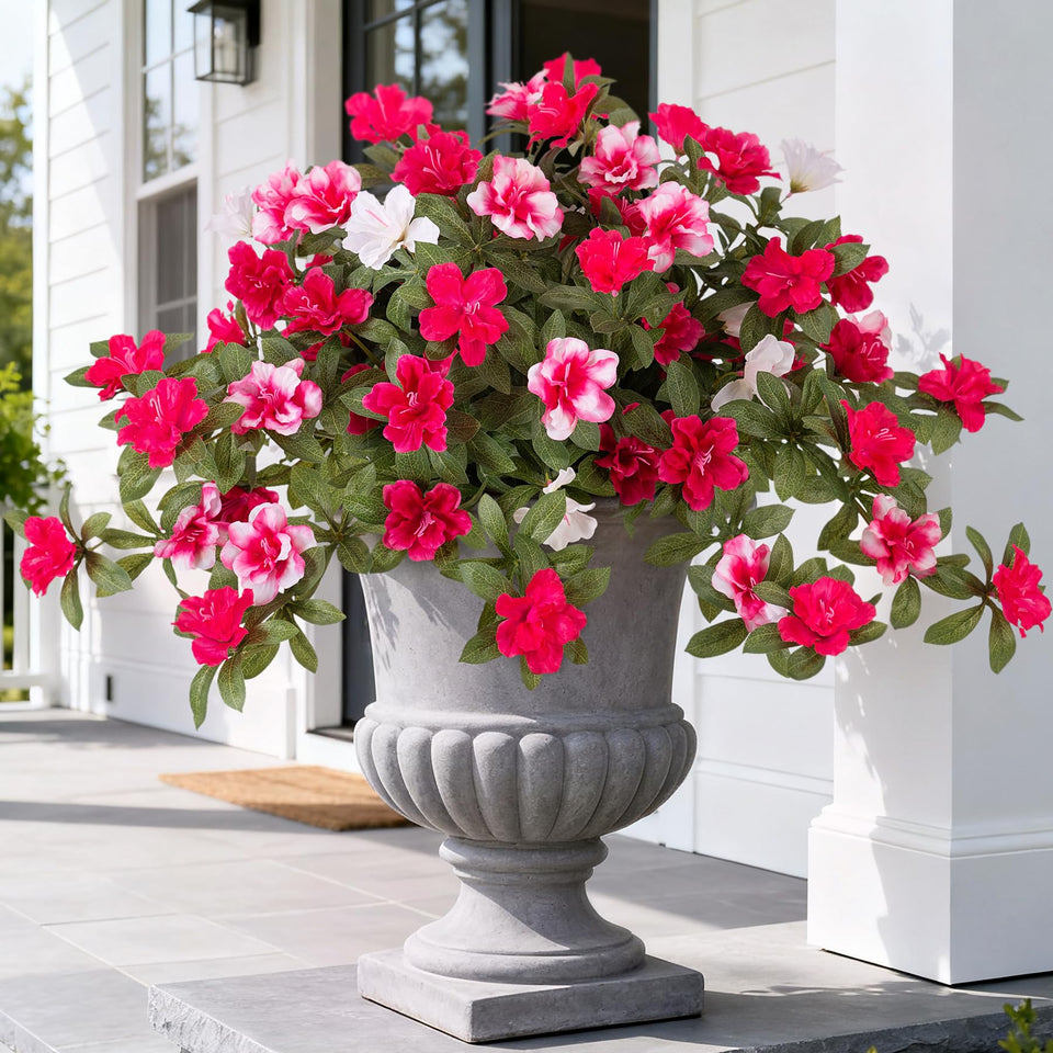 Ammyoo artificial azalea outdoor flowers on a tabletop enhance curb appeal.