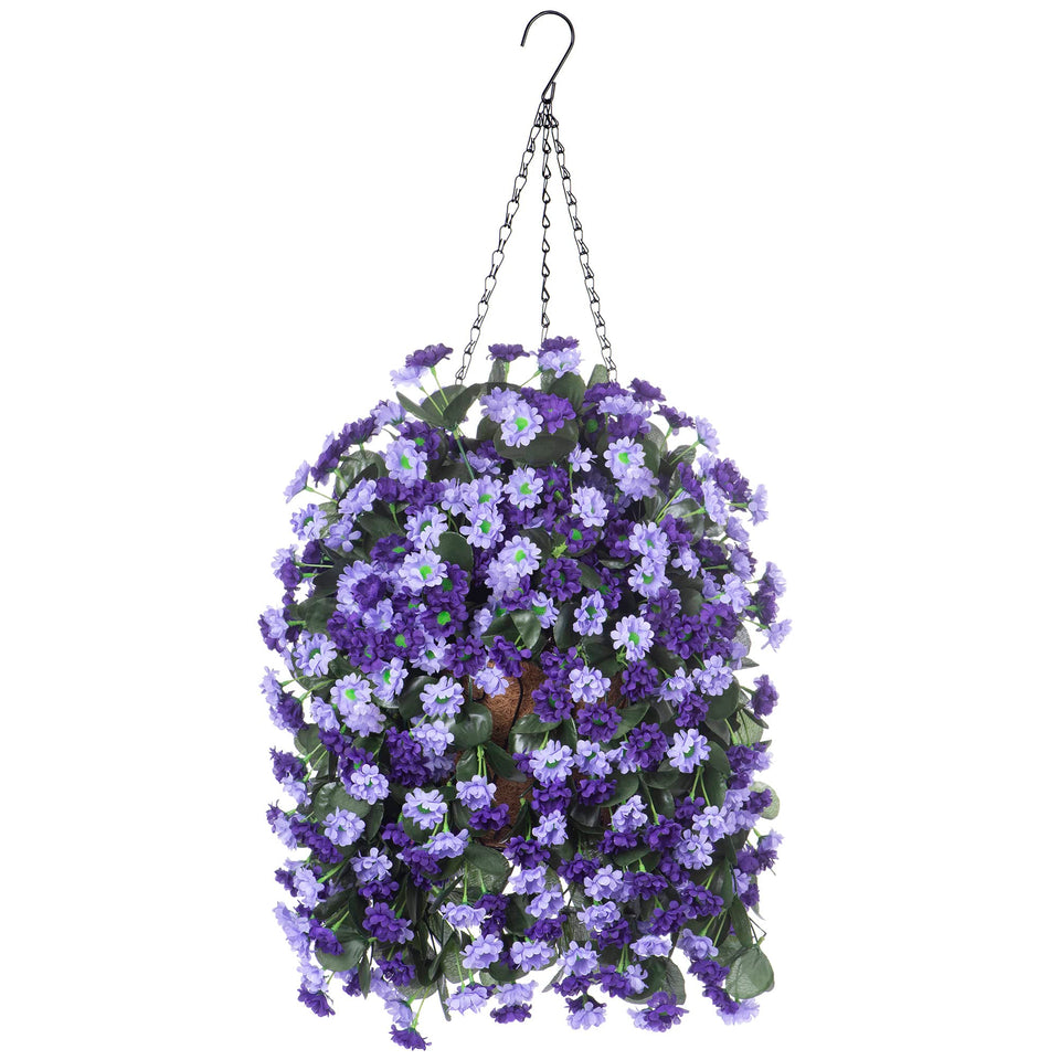 Ammyoo artificial flowers in a hanging basket with deep purple blooms for maintenance-free outdoor decor.