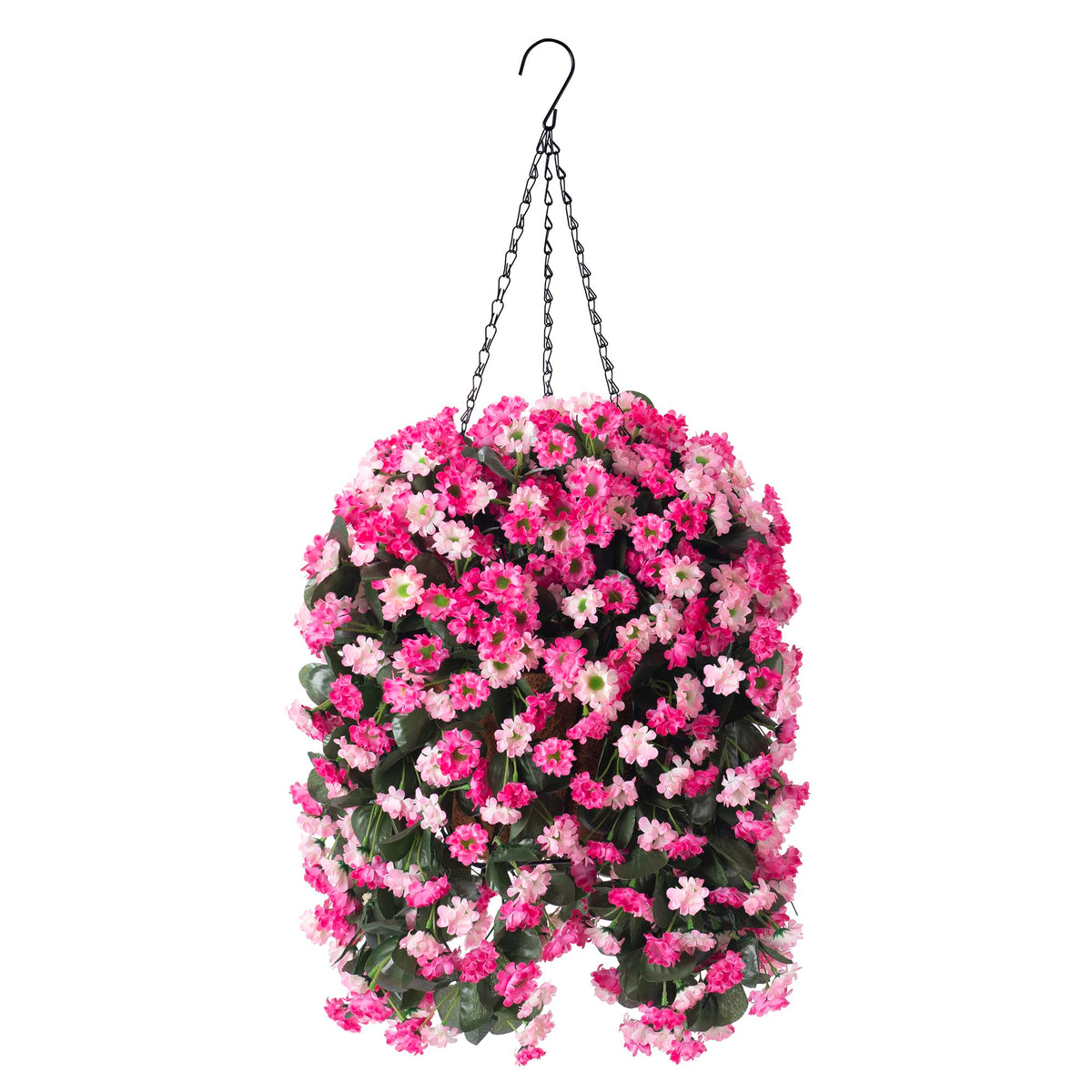 Ammyoo artificial hanging flowers in a basket brighten outdoor patios all year.
