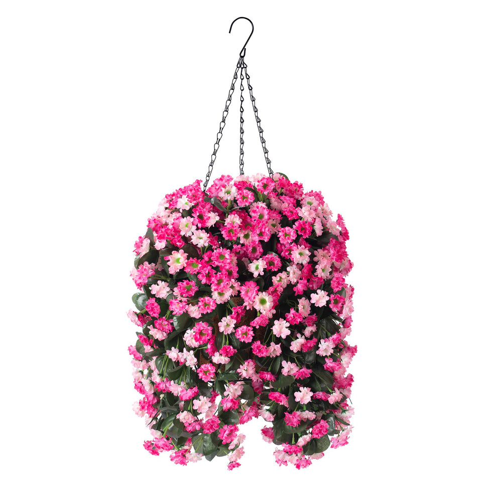 Ammyoo artificial hanging flowers in a basket brighten outdoor patios all year.