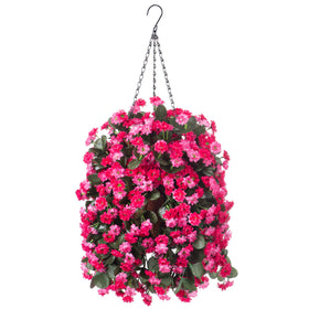 Ammyoo rose red artificial flowers in hanging basket, ready for year-round display.
