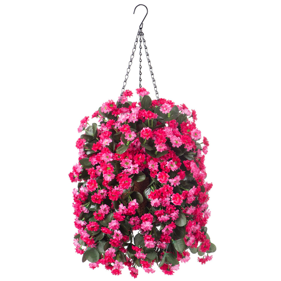 Ammyoo rose red artificial flowers in hanging basket, ready for year-round display.