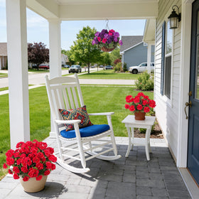 Ammyoo geraniums shown as porch or balcony centerpiece styling.