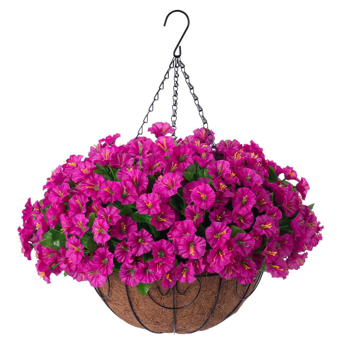 Ammyoo artificial hanging flower basket in fuchsia for outdoor décor.