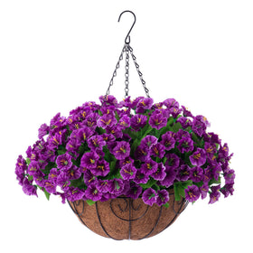 Ammyoo artificial hanging flowers in a lotus basket, ready to hang outdoors.