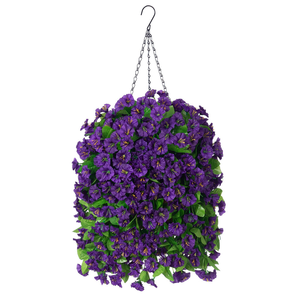 Ammyoo artificial hanging flowers basket in dark purple for elegant outdoor decor.