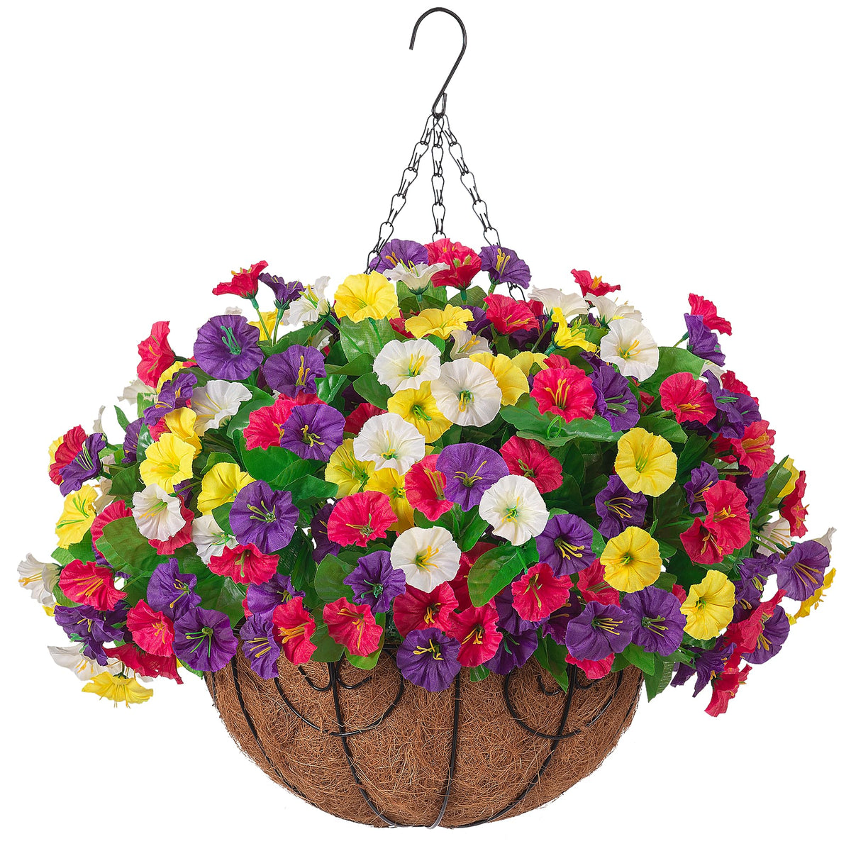 Ammyoo artificial morning glory blooms in a hanging basket for porch decor and year-round charm.