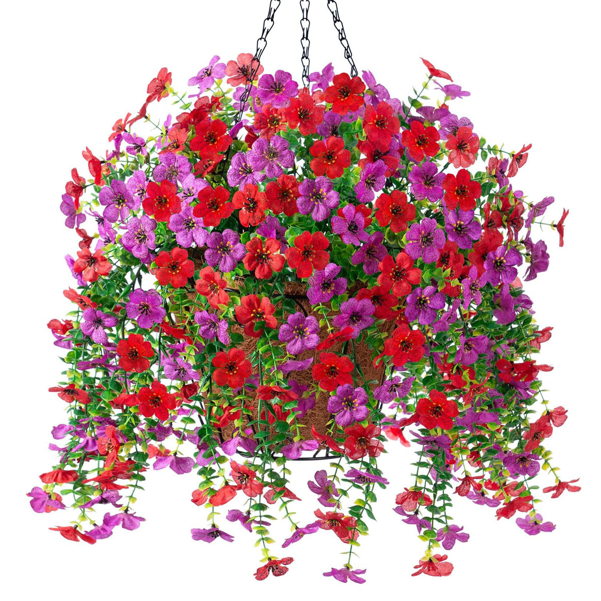 Ammyoo artificial hanging flowers basket with red purple daisies for porch decor