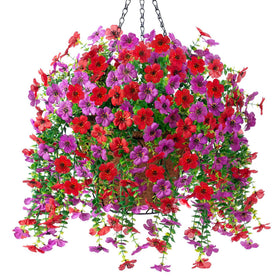 Ammyoo artificial hanging flowers basket with red purple daisies for porch decor