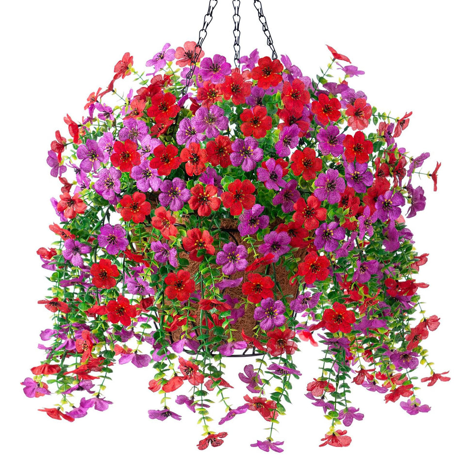 Ammyoo artificial hanging flowers basket with red purple daisies for porch decor