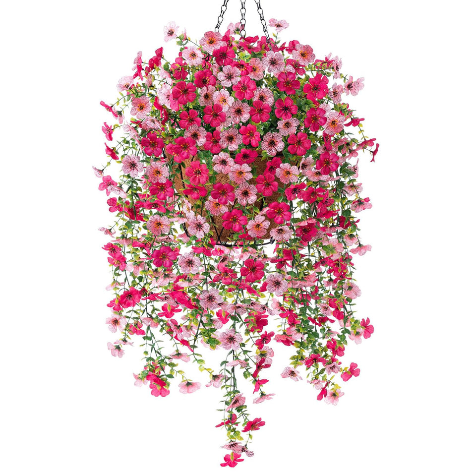 Ammyoo artificial hanging flower basket in rose pink adds vibrant outdoor charm