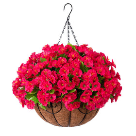 Ammyoo artificial hanging flowers in a rose-red basket add lasting garden curb appeal.