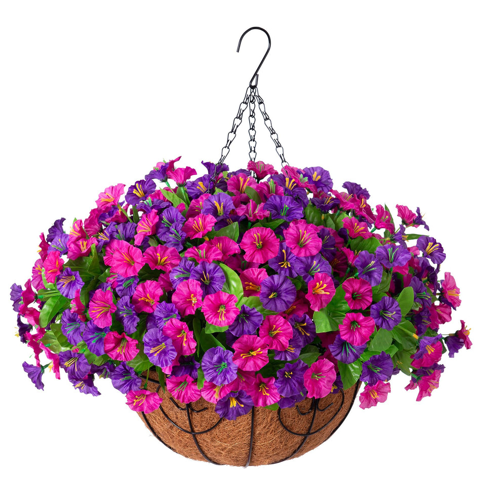 Ammyoo artificial hanging flowers in a basket add year-round color to outdoor porches.