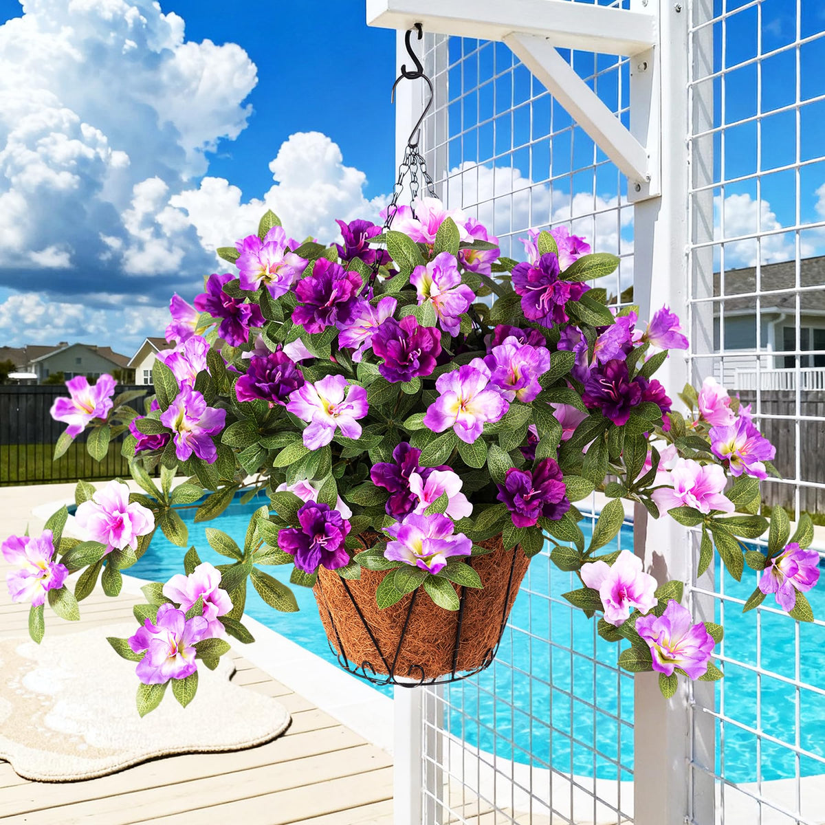 Ammyoo artificial hanging flowers in outdoor baskets add long-lasting color.