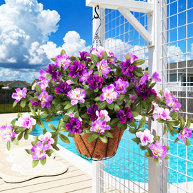 Ammyoo artificial hanging flowers in outdoor baskets add long-lasting color.