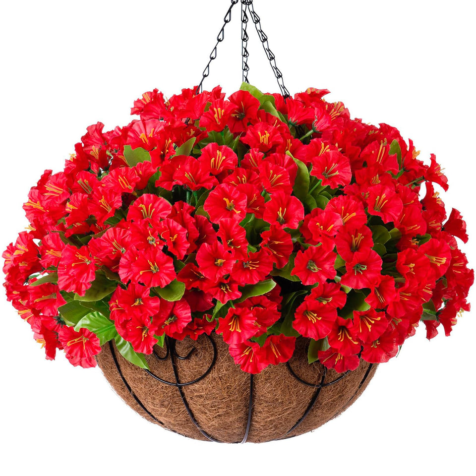 Ammyoo artificial hanging flowers in red petunias for outdoor decor with realistic color and upkeep-free charm.