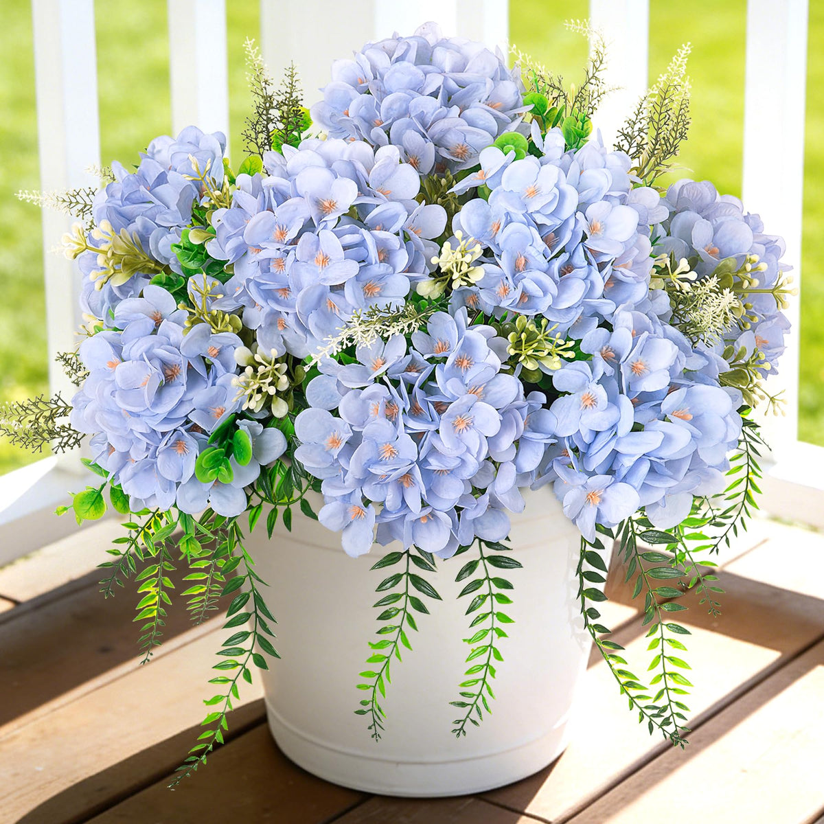 Ammyoo artificial hydrangea blue with eucalyptus for outdoor display, UV resistant for year-round beauty.