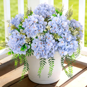 Ammyoo artificial hydrangea blue with eucalyptus for outdoor display, UV resistant for year-round beauty.