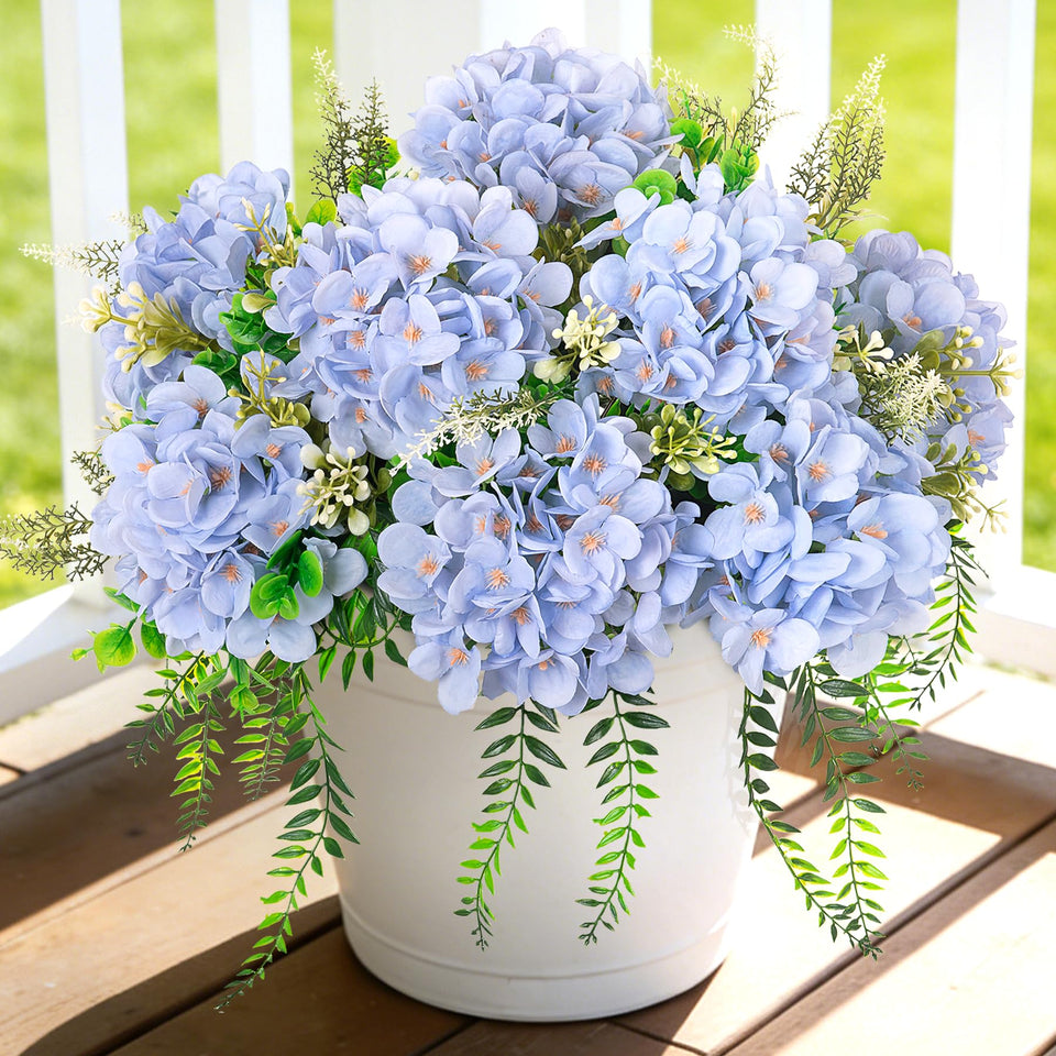 Ammyoo artificial hydrangea blue with eucalyptus for outdoor display, UV resistant for year-round beauty.