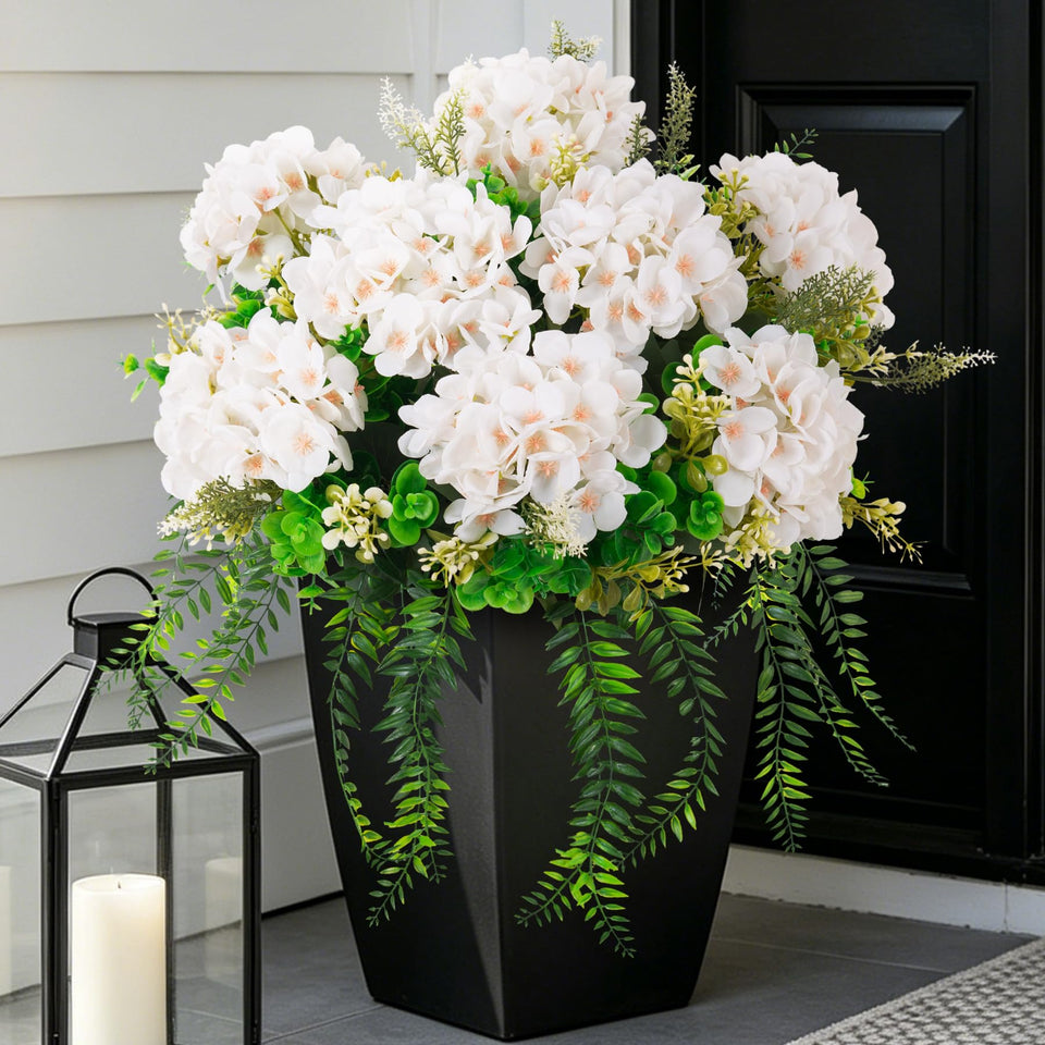 Ammyoo artificial hydrangea silk white with eucalyptus for outdoor spaces.