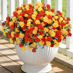 Ammyoo artificial marigolds outdoor bouquet for porch decor, UV resistant and maintenance-free.