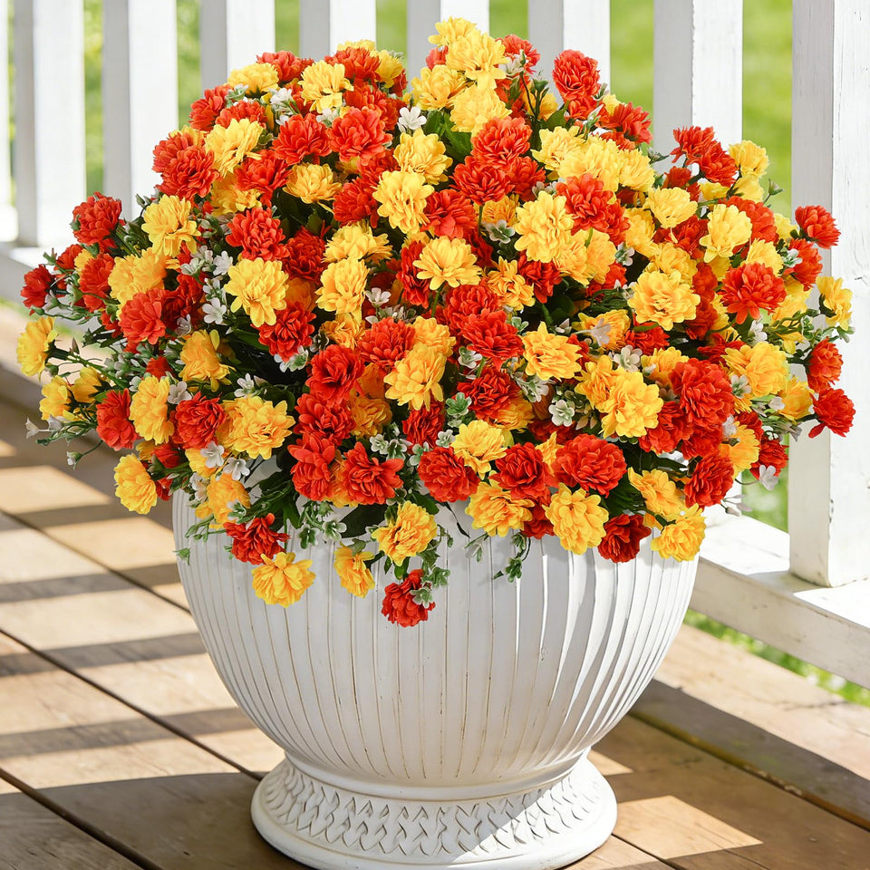 Ammyoo artificial marigolds outdoor bouquet for porch decor, UV resistant and maintenance-free.