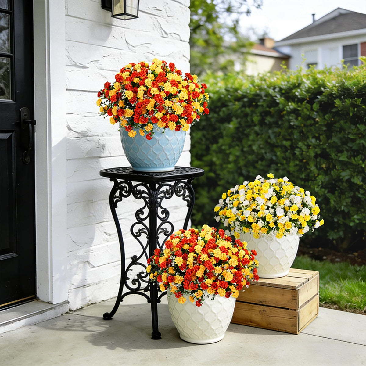 Ammyoo artificial marigolds outdoor display with realistic texture and fade-resistant color.