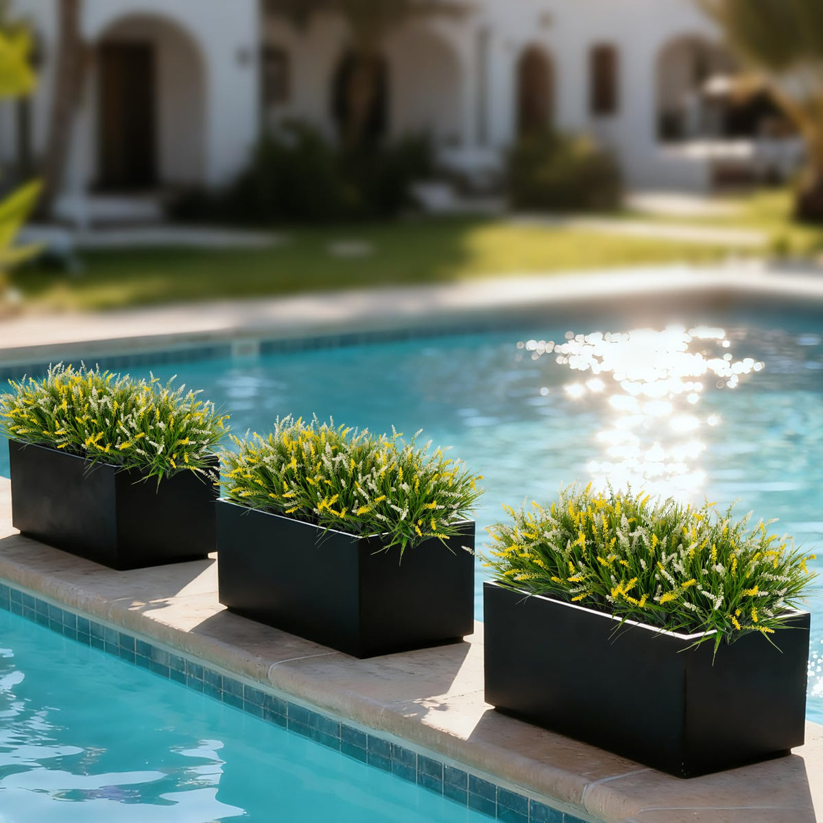 Ammyoo outdoor faux plants require no water or mowing for easy care.