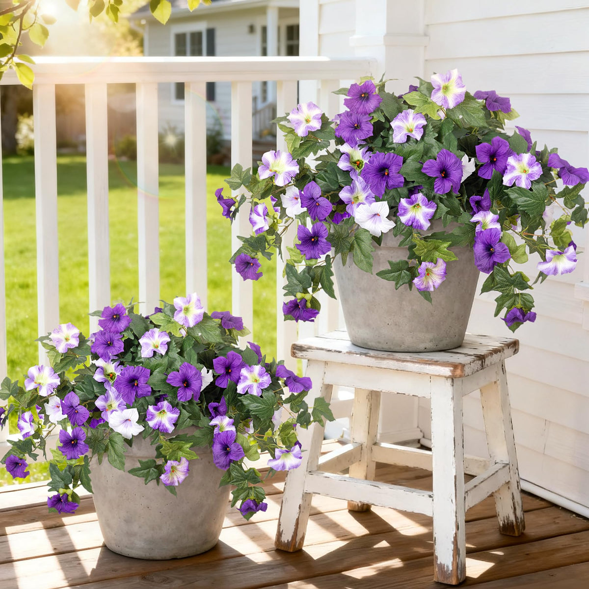 Ammyoo artificial petunia flowers for outdoor decor, UV resistant and long-lasting.