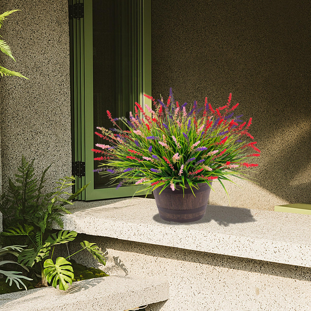 Ammyoo lush artificial shrubs decorate outdoor walkways with lasting color