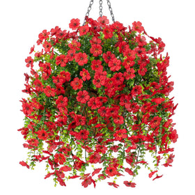 Ammyoo red daisy hanging basket for outdoor decor and seasonal freshness.